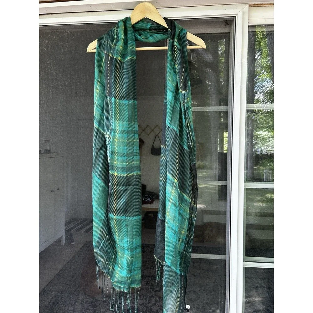 Talbots Wrap Scarf Green Plaid Fringe Silk Wool Preppy Traditional Classic